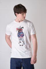 T-SHIRT BIANCA CON STAMPA BULLDOG E INSERTO IN TESSUTO RICAMATO