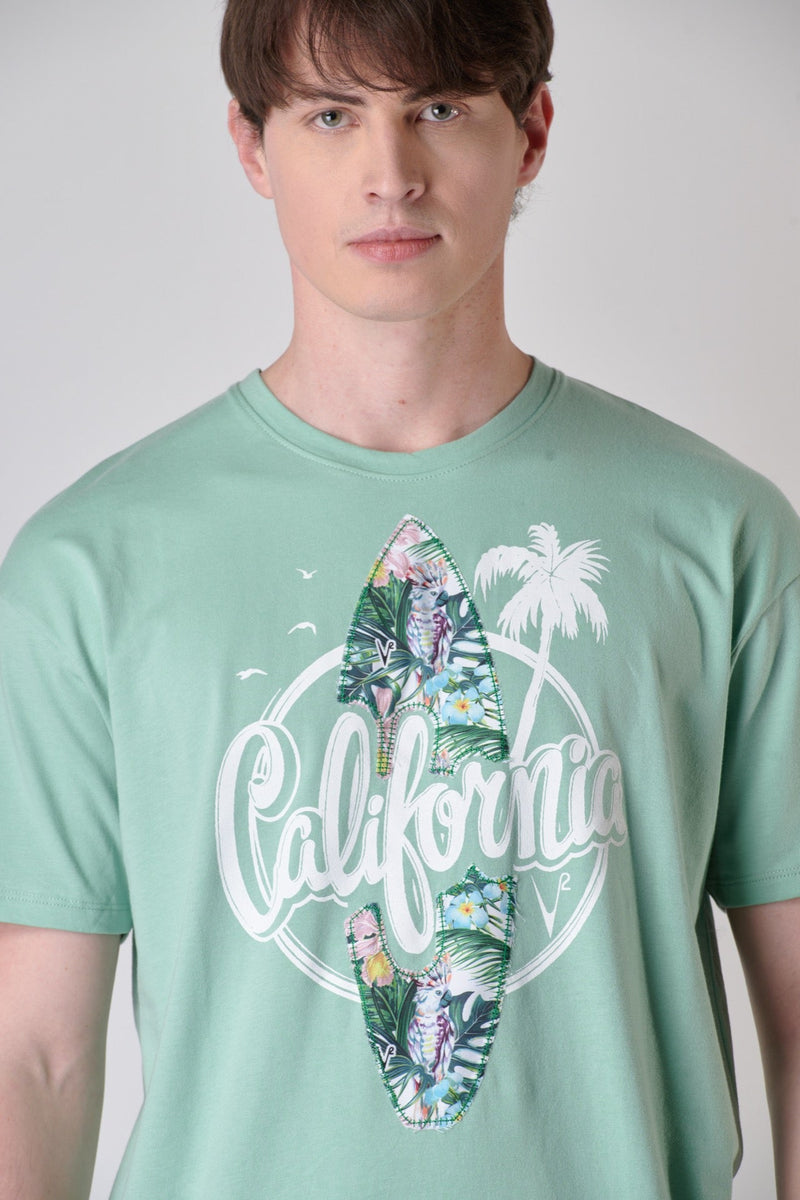 T-SHIRT VERDE MENTA CALIFORNIA CON INSERTO IN TESSUTO